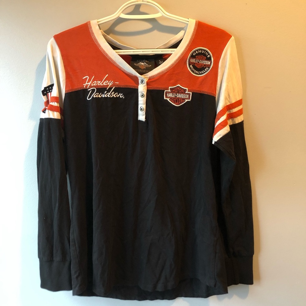Harley Davidson Women’s Long Sleeve Patch tee shirt orange black size L biker